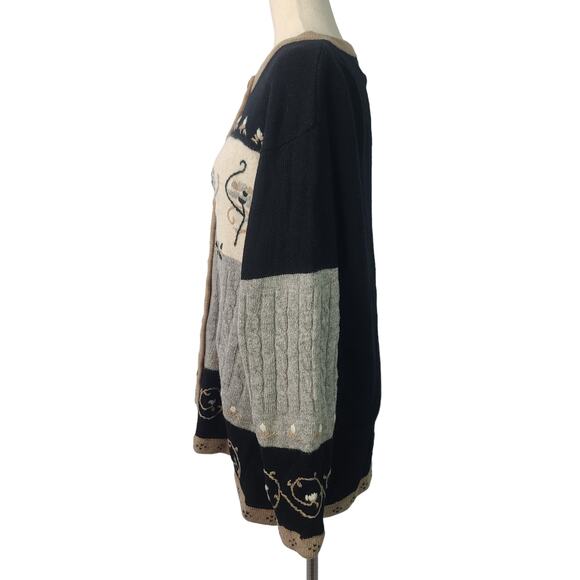 One Step Up Gray Tan Black Lambswool Angora Button Up Sweater Cardigan XL 18 20 - Picture 2 of 4